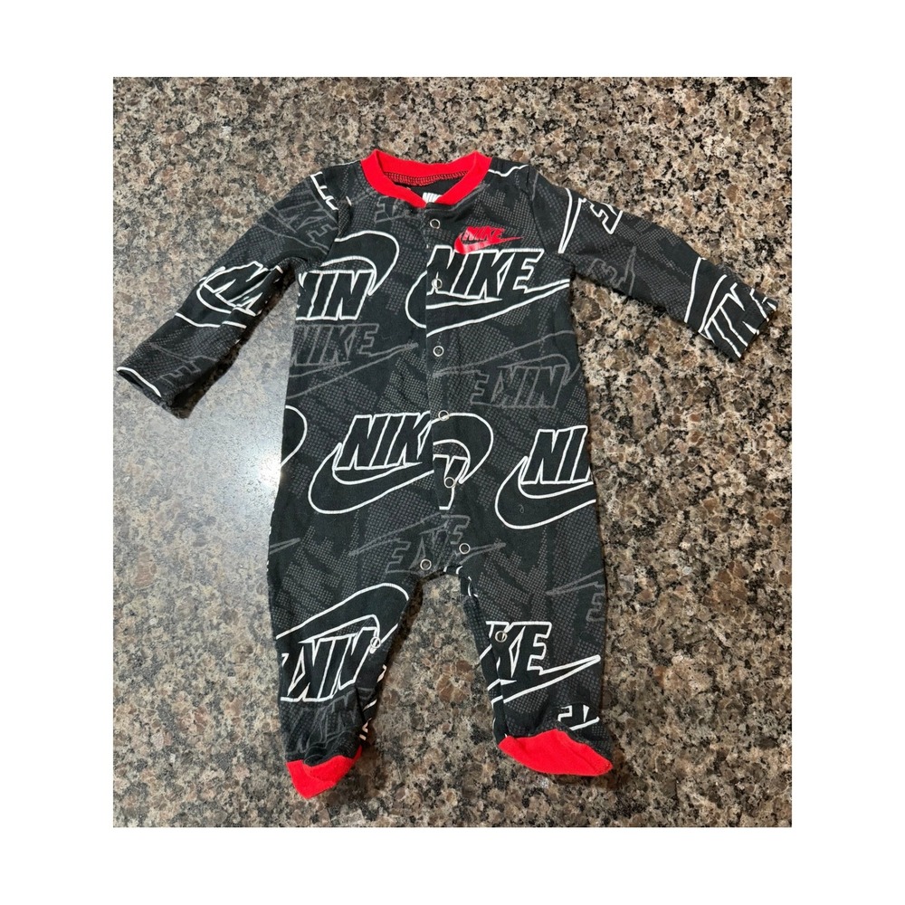 Nike Baby 3M Black Red White All Over Logo Print Footed Sleeper Romper One Piece